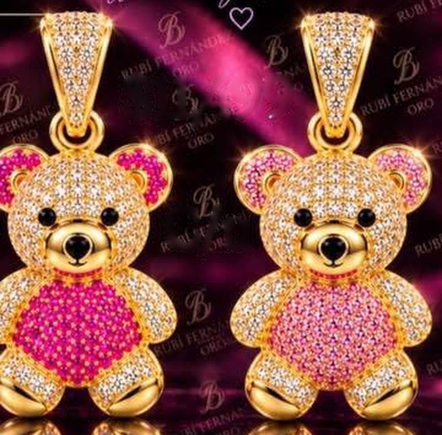 Dijes osito en oro 14K, fucsia y rosa claro